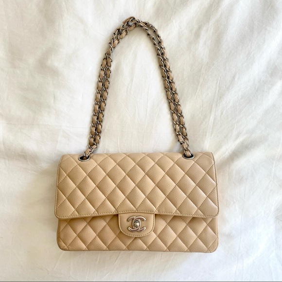 Chanel Classic Medium Double Flap Quilted Leather Shoulder Bag Ivory